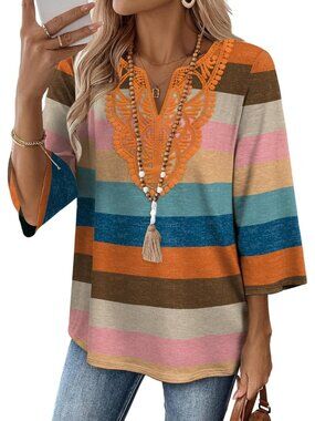 Women's Tops Colorful 3/4 Length Sleeve Boho V Neck Lace Casual Vacation Clothes